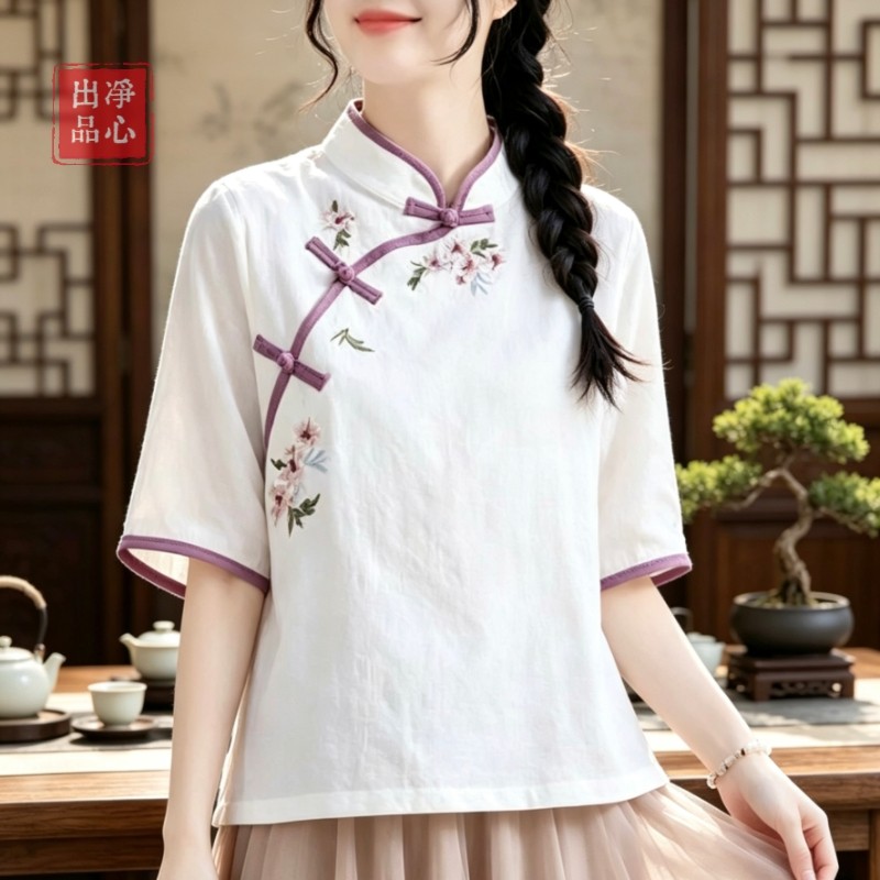 新中式提花棉麻上衣女2026新款夏季国风禅意茶服刺绣显瘦宽松T恤