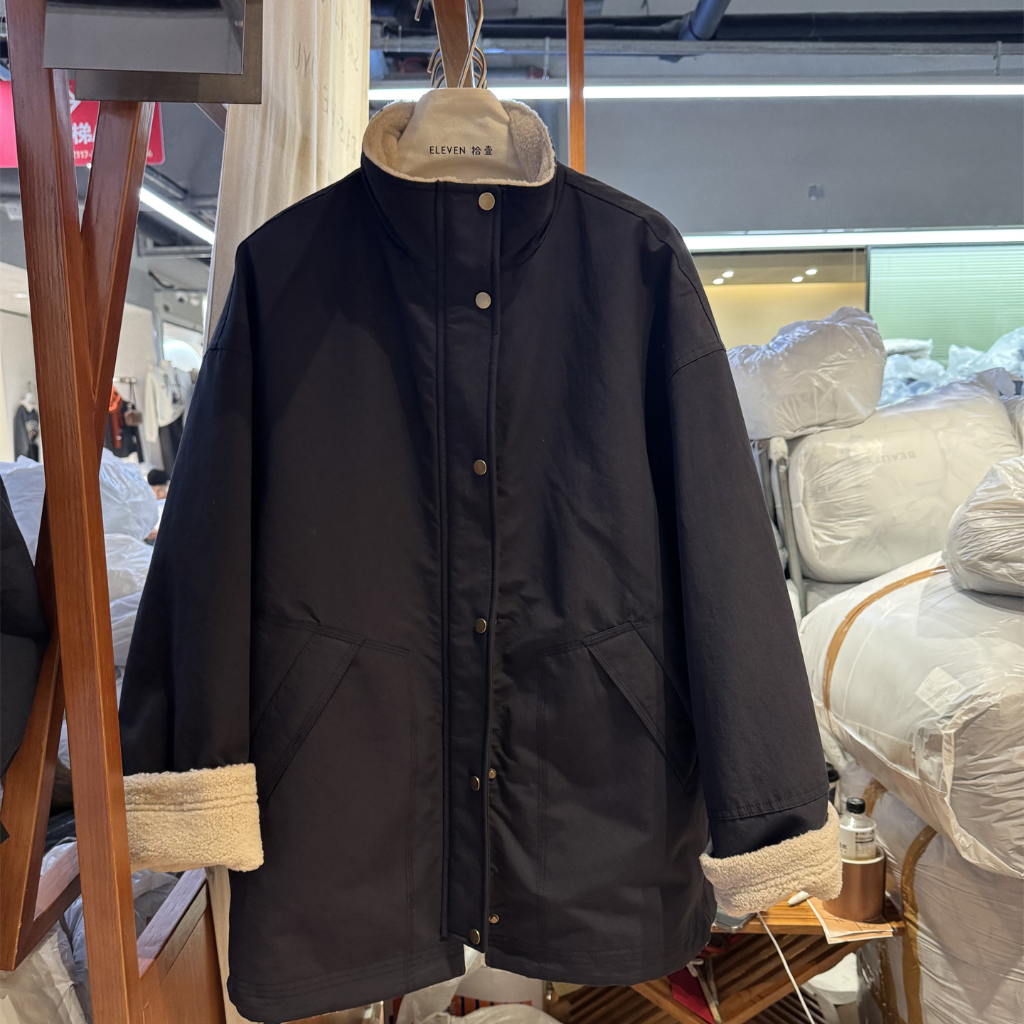 ELEVEN1立领加绒中长款棉服外套