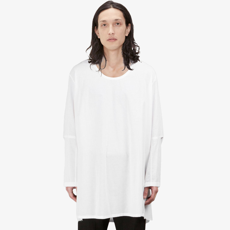 gaostudios白色廓型低领衬衫oversize毛边套头落肩日系街头长袖男