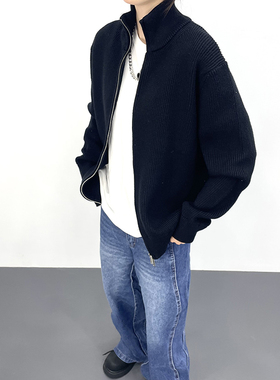 秋冬情侣重磅加厚双开头金属拉链立领针织开衫毛衣男女宽松外套潮