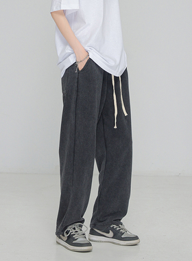 VTPS国潮情侣高街垂坠水洗做旧炒雪花阔腿直筒宽松休闲抽绳裤男女