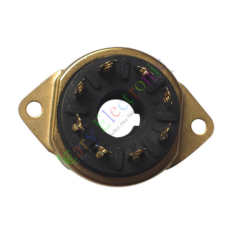 胶木镀金脚大8脚电子管插座，面板开孔26.5mm，安装中心孔距38mm，适用于KT66 KT88 6SL7 6SN7 6V6 5AR4 GZ34 6P3P 6P6P 6N8P 6N9P等