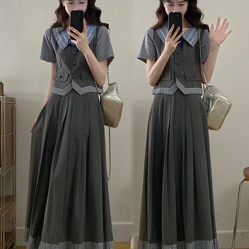 实拍~大码女装2026夏季新款韩系温柔风格子拼接衬衫半身裙套装