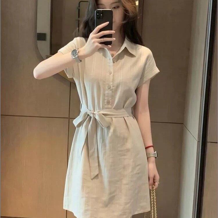 夏季新款韩式休闲风翻领短袖衬衫裙女装收腰A字连衣裙高级感T恤裙