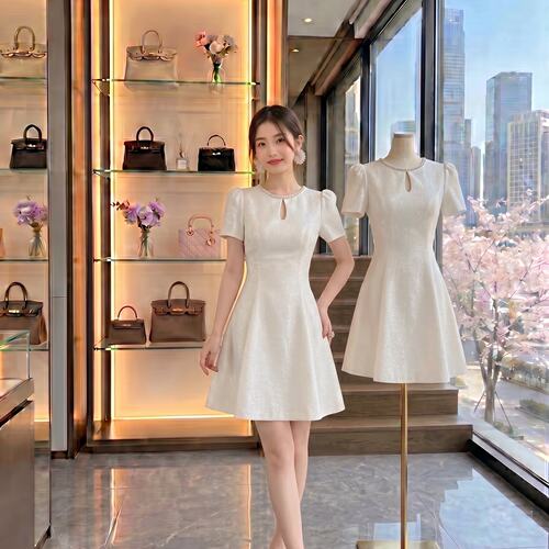 MandyZhang千金镶钻小香风白色连衣裙女夏季设计感泡泡袖小礼服裙