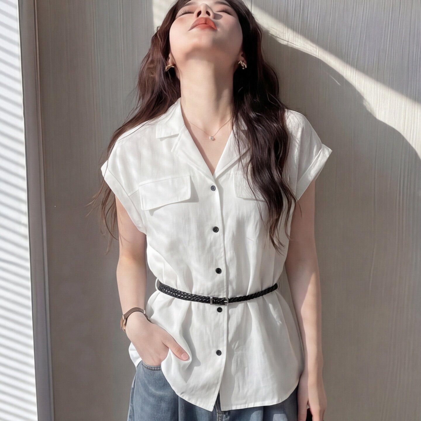 老钱风白色亚麻短袖衬衫女夏季薄款高级感气质休闲百搭上衣配腰带