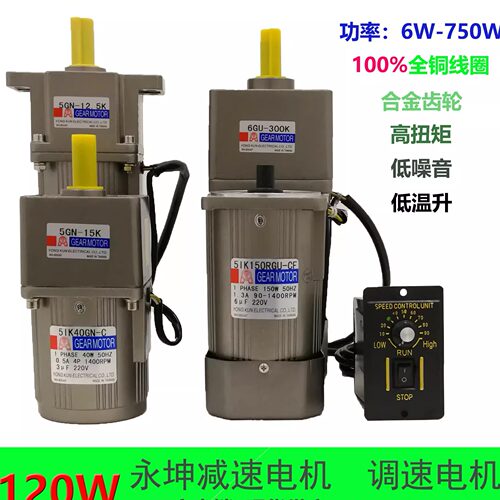 YK永坤减速电机120W 电机带减速机5IK120RGU微型220V调速定速电机
