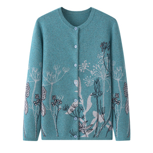 中老年加厚羊毛衫女式提花开衫外套大码毛衣妈妈装秋冬保暖针织衫