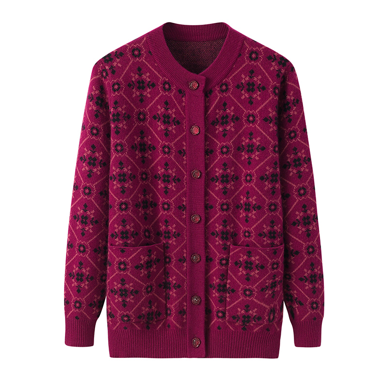 中老年加厚羊毛衫女式提花开衫外套大码毛衣妈妈装秋冬保暖针织衫