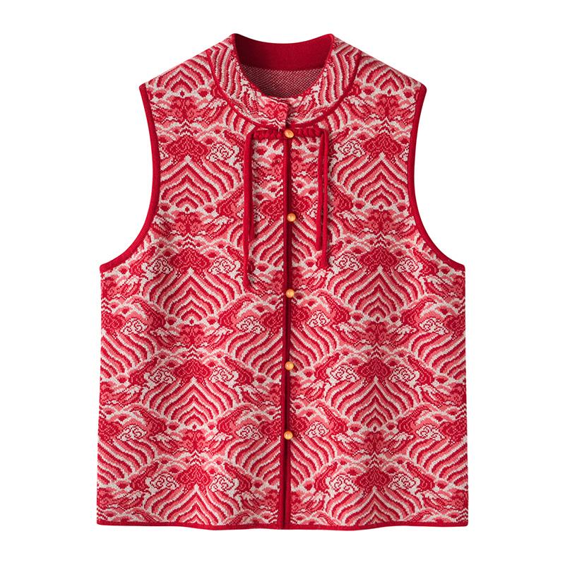 2025秋冬新款中老年羊毛衫女圆领盘扣新中式国风马甲加厚宽松外套