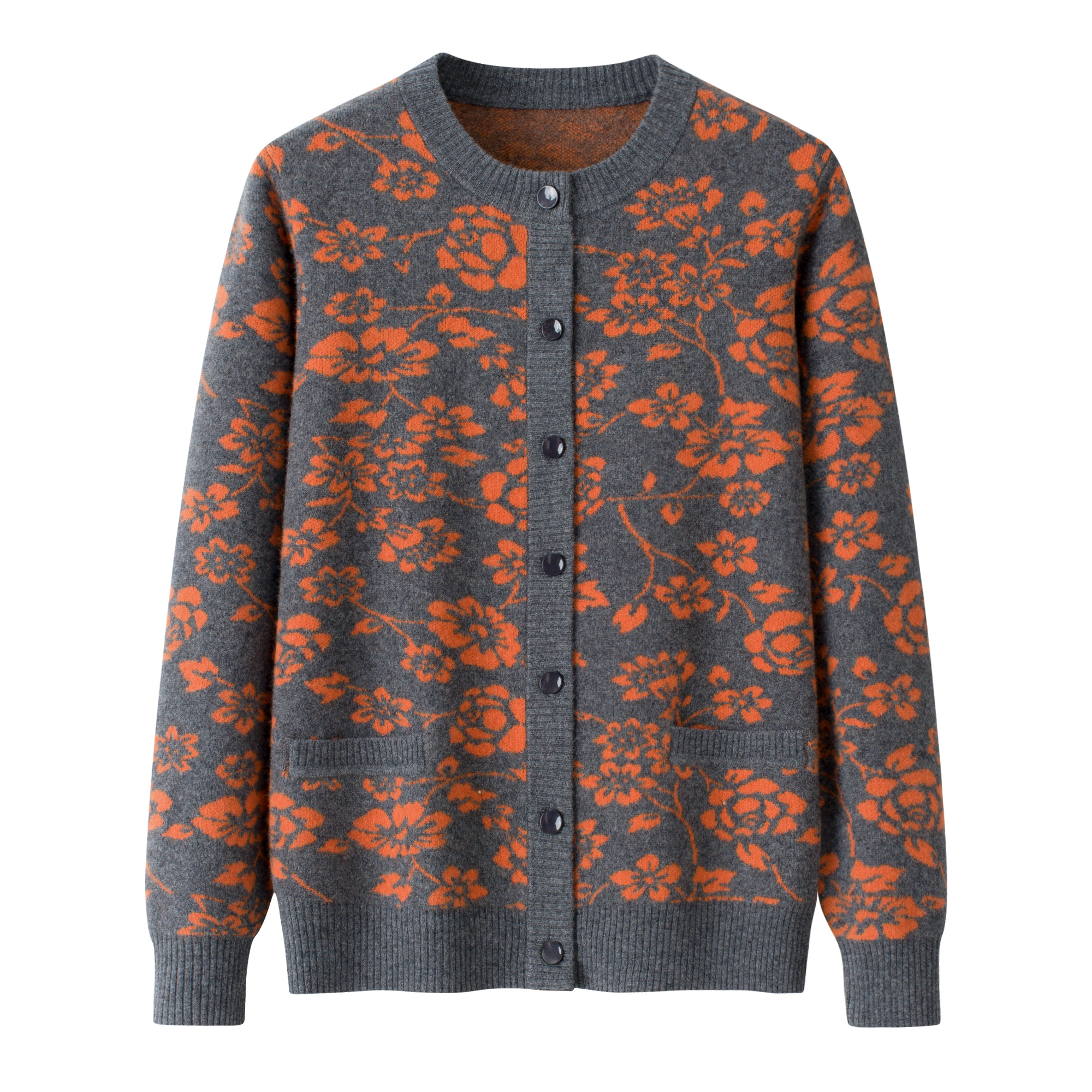 气质妈妈装100%山羊毛加厚圆领双提嵌花宽松大码保暖针织开衫外套