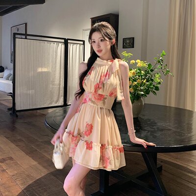 solo爆爆~中古杜桑~碎花连衣裙女挂脖系带无袖收腰高级感印花裙子