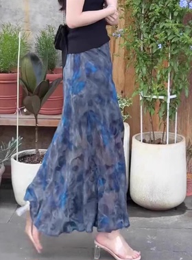 2026新款蓝色玫瑰印花清透飘逸轻盈长裙女清凉舒适高级感裙子