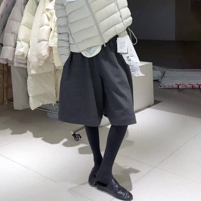 灰色毛呢五分裤女2025秋冬流行新款高腰简约宽松日常百搭阔腿中裤