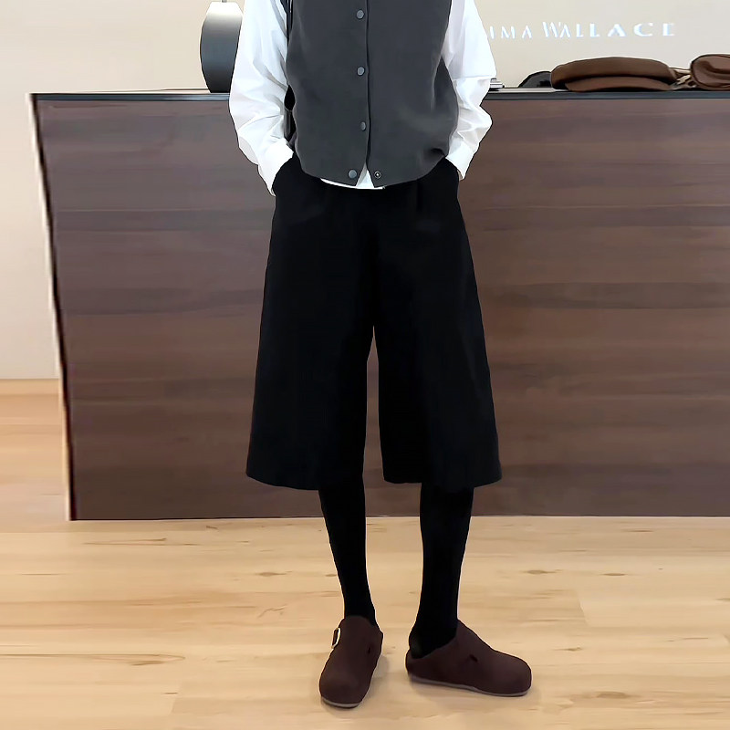 黑色毛呢七分裤女秋季2026新款大码胖mm高腰显瘦直筒阔腿裤休闲裤