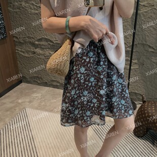 复古碎花雪纺半身蓝色2026夏季高腰显瘦A字中裙小个子印花短裙女