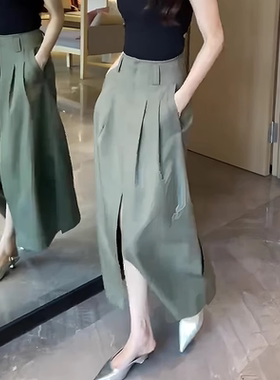 军绿色开叉a字半身裙女2025夏季流行新款高腰时尚好看百搭长裙子