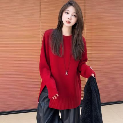 温柔风侧开叉长袖毛针织衫女2025冬季大码胖MM宽松显瘦百搭上衣