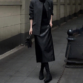 黑色皮裙半身裙女秋冬流行新款 高腰显瘦气质时尚 百搭后开叉直筒裙