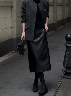 黑色皮裙半身裙女秋冬流行新款高腰显瘦气质时尚百搭后开叉直筒裙
