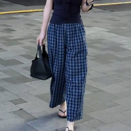 韩版百搭蓝色格子阔腿裤女2026夏季新款小个子高腰休闲裤九分裤潮