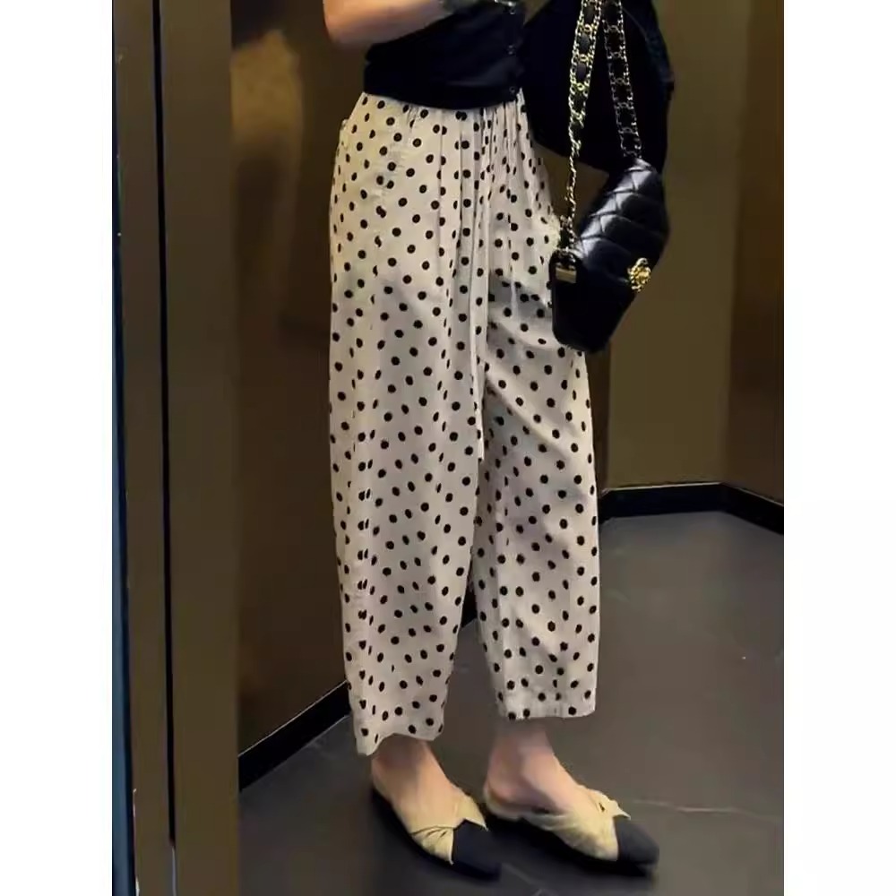 2025夏季新款女士今年流行棉麻裤子轻薄九分裤休闲直筒波点阔腿裤