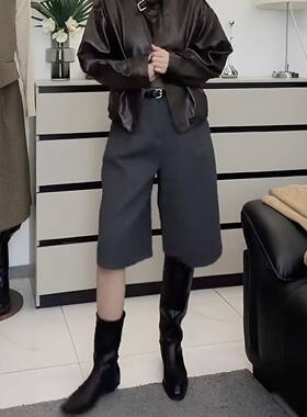 毛呢休闲裤秋冬新款简约风轻飒都市风纯色阔腿高级百搭七分裤女