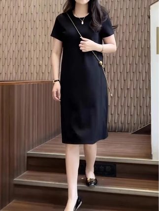 欧货高端大码宽松百搭短袖中长体T恤裙子夏季冰凉垂感气质连衣裙