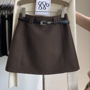 洋气咖色半身裙女秋冬显瘦遮胯高腰A字百搭防走光包臀毛呢短裙子