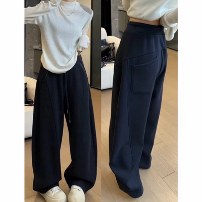 大码女装2025高腰显瘦拉链休闲阔腿弯刀长裤秋季新款梨型身材卫裤