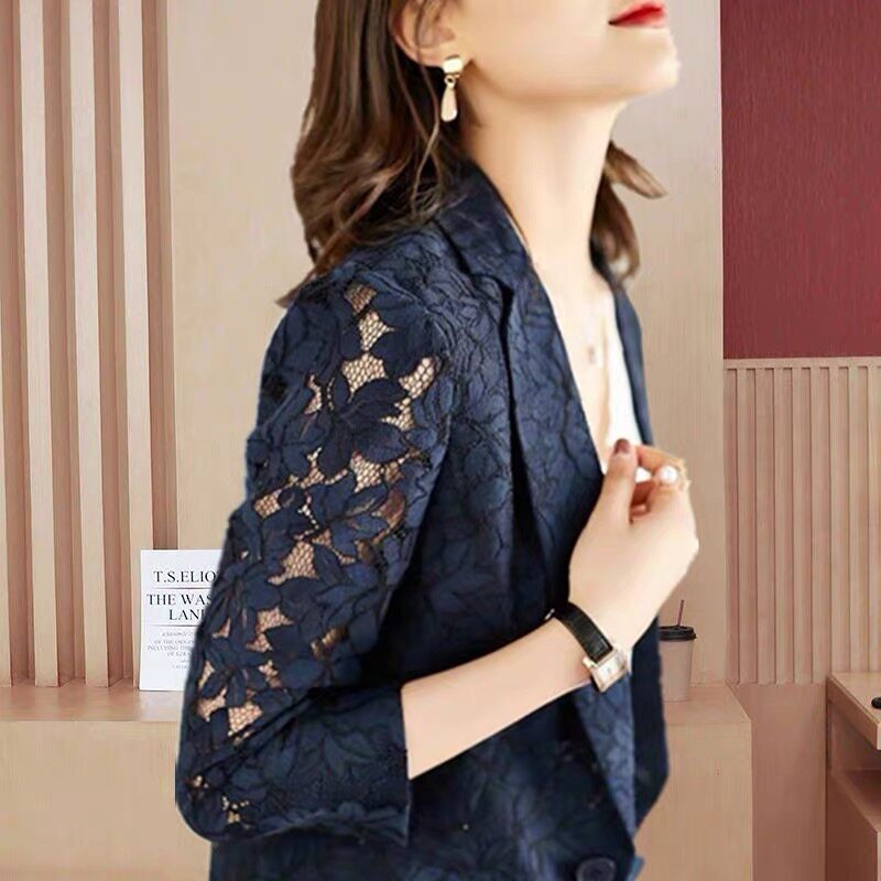 蕾丝西装外套女韩版2026春夏新款气质防晒镂空蓝色薄款女士小西服