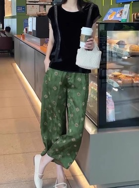绿色印花休闲裤女2025夏季流行新款宽松时尚气质减龄百搭九分裤子