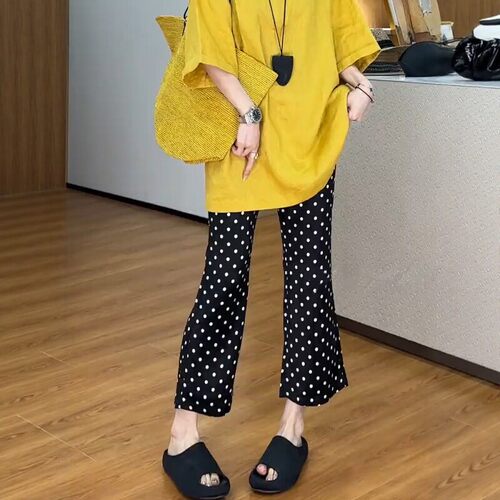 大码女装2026夏季高腰冰感波点醋酸休闲裤胖mm显瘦百搭八分微喇裤