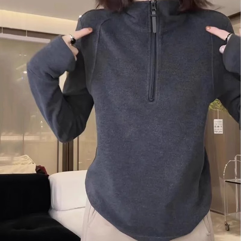 双面德绒上衣女秋冬季宽松休闲内搭半拉链立领卫衣长袖加厚打底衫