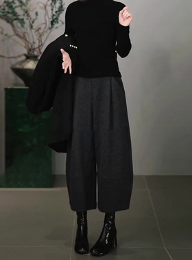 深灰色八分毛呢裤女秋冬新款高腰显瘦时尚百搭洋气减龄休闲阔腿裤
