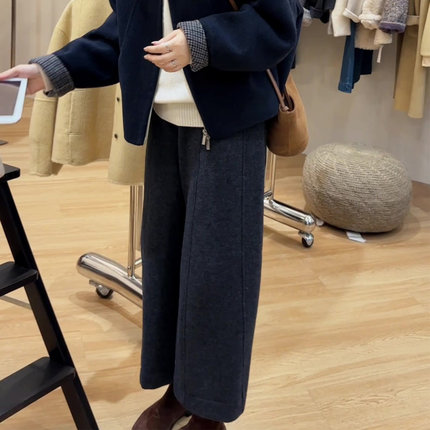 深灰色加厚毛呢直筒裤女冬2025新款高腰显瘦阔腿裤宽松休闲加绒裤