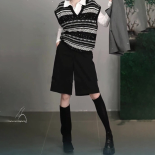 高腰简约宽松百搭阔腿裤 流行新款 女2025秋季 高级感黑色休闲五分裤