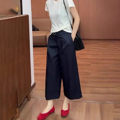 藏青色八分休闲裤新款女夏季超火显瘦气质时尚洋气流行宽松阔腿裤