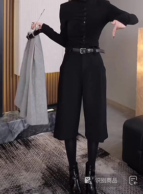 黑色毛呢七分裤女2025秋季流行新款高腰简约宽松气质时髦阔腿裤子