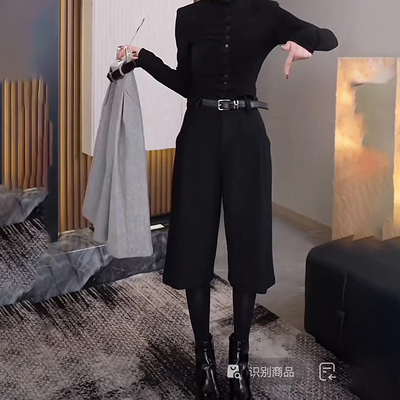 黑色毛呢七分裤女2025秋季流行新款高腰简约宽松气质时髦阔腿裤子