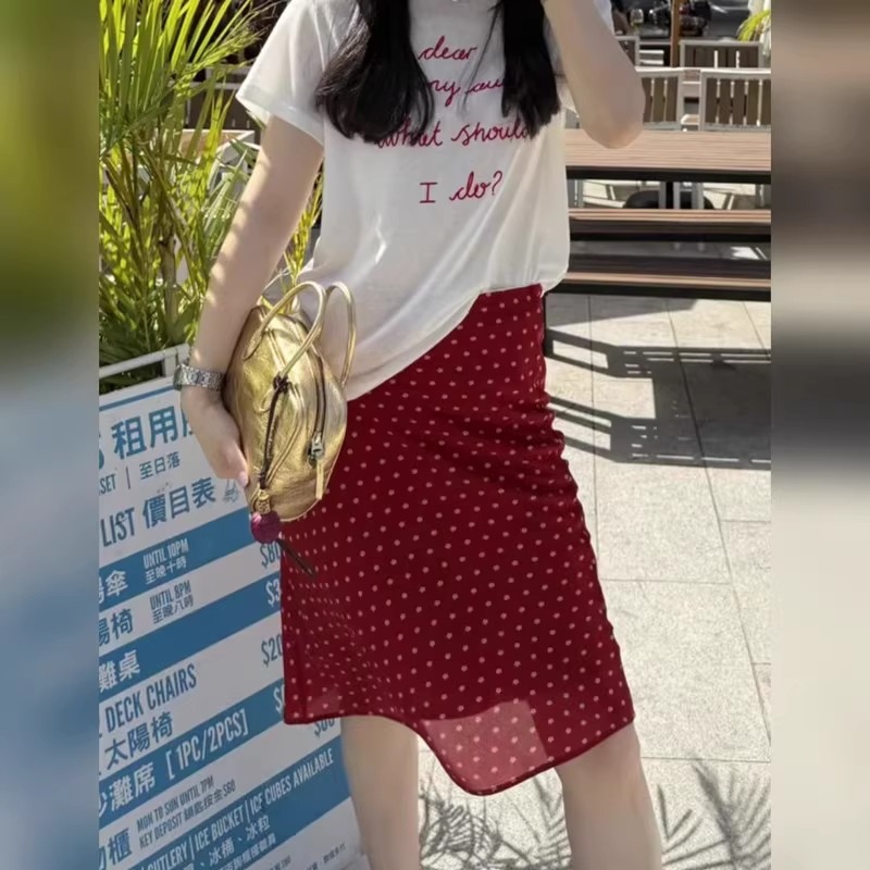 轻熟风法式复古高腰红色波点中长裙气质不规则设计感雪纺半身裙女