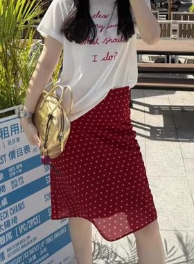轻熟风法式复古高腰红色波点中长裙气质不规则设计感雪纺半身裙女