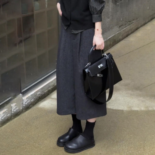 阔腿裤 灰色压褶休闲七分毛呢裤 高腰宽松时尚 流行新款 子 女2025秋季
