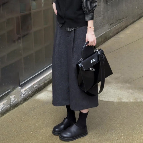 灰色压褶休闲七分毛呢裤女2025秋季流行新款高腰宽松时尚阔腿裤子