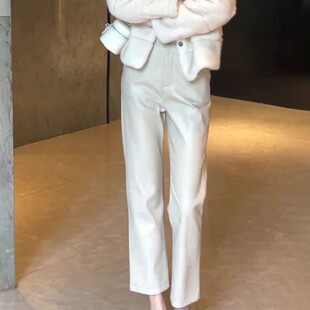 时髦高级感白色直筒皮裤女2025秋季新款女修身遮肚子减龄九分裤子