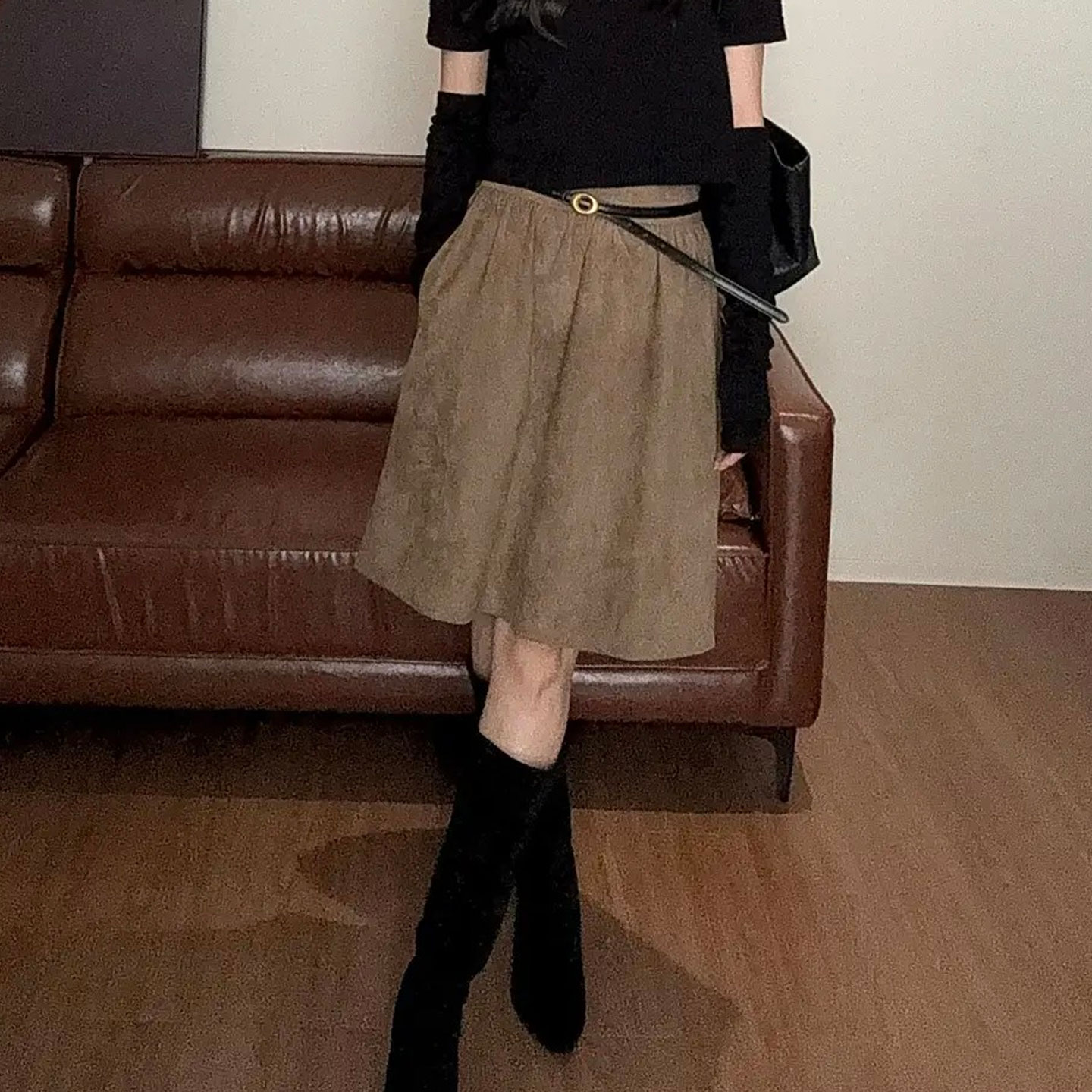 韩系复古卡其色A字中长款半身裙女2026秋季新款高腰显瘦百搭短裙