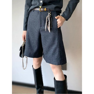 舒适百搭休闲短裤 深灰色高腰毛呢西装 2025新款 女秋冬季 五分裤