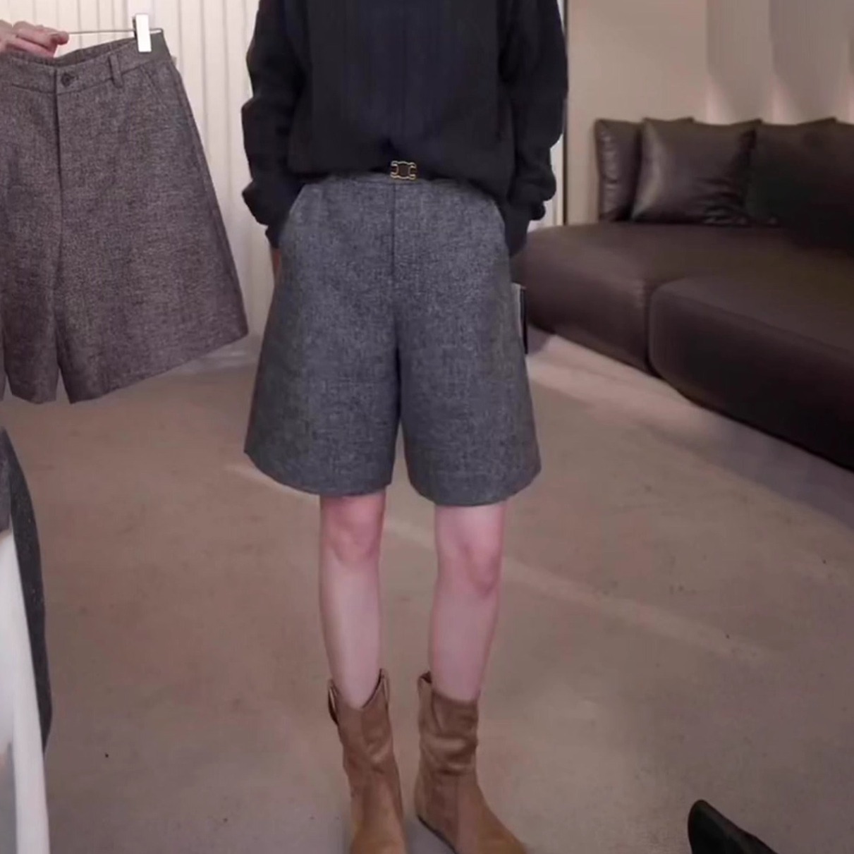 灰色毛呢短裤女秋冬新款高腰显瘦气质时尚百搭洋气休闲直筒阔腿裤