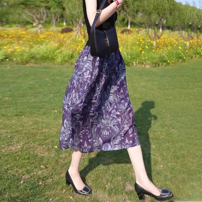 2025夏季新款紫色印花半身裙女显瘦气质透气冰凉轻薄花苞A字裙子