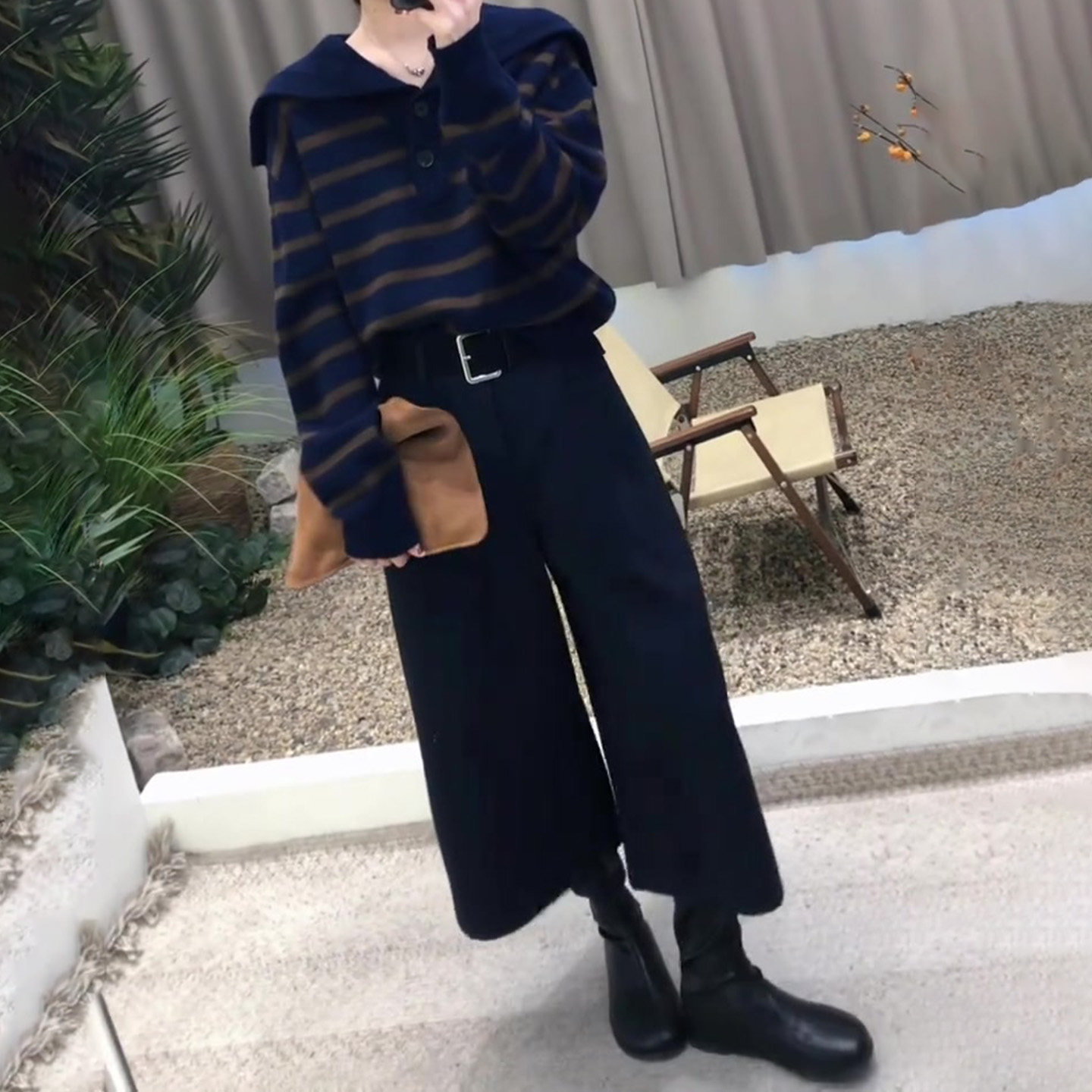 黑色毛呢八分裤女2025秋冬流行新款高腰简约宽松时尚百搭阔腿裤